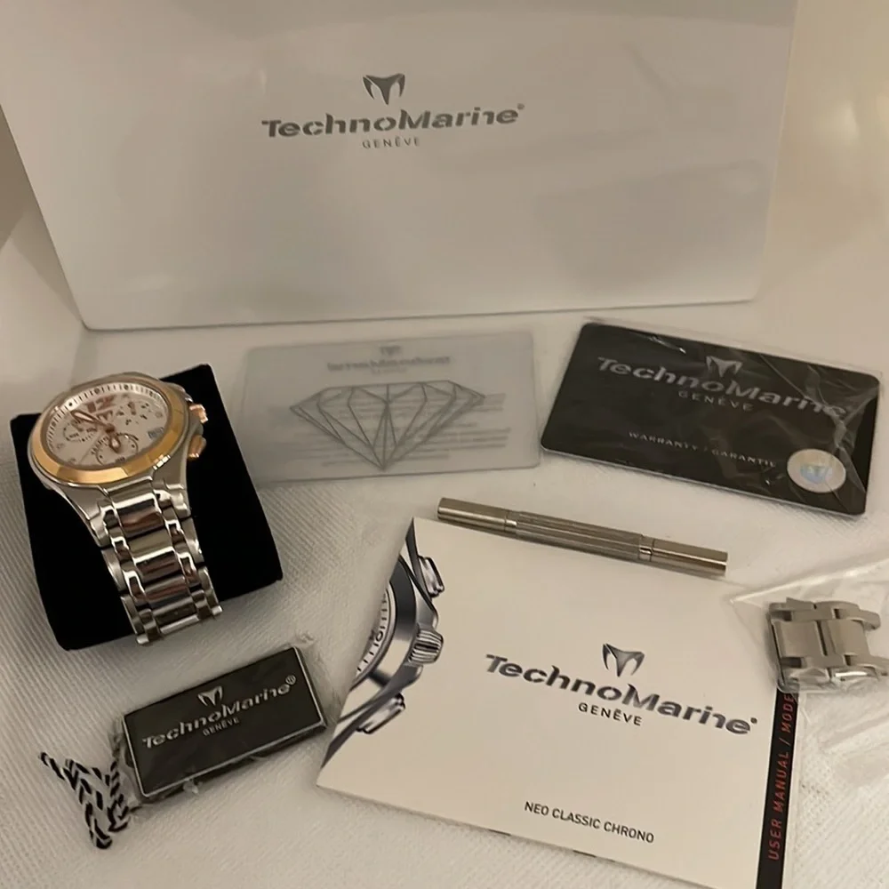 TechnoMarine Ladies Stainless and Rose Gold Diamond Neo Classic III Watch - EUC